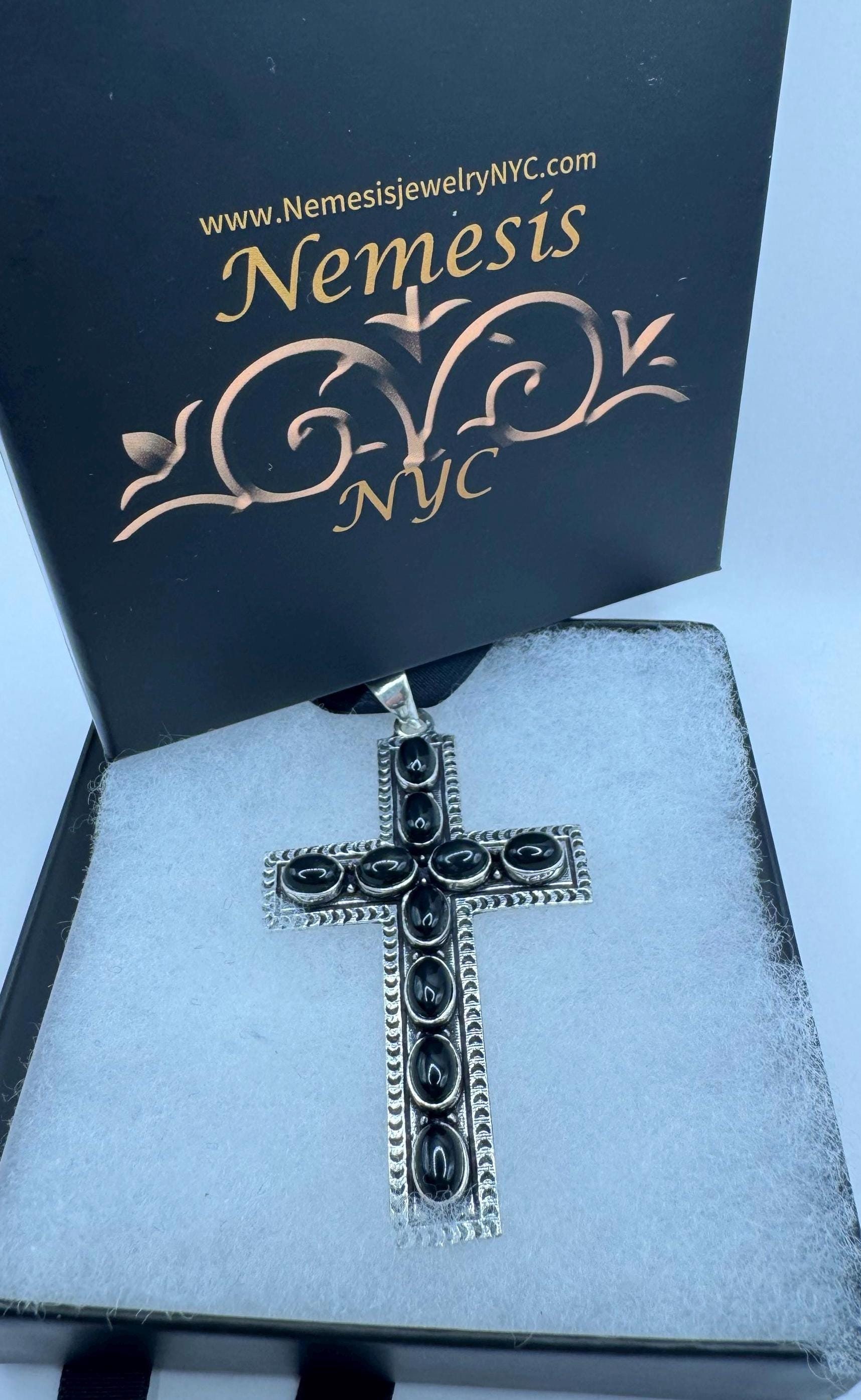 Vintage Black Onyx Cross Boho Choker Black Velvet Ribbon Pendant