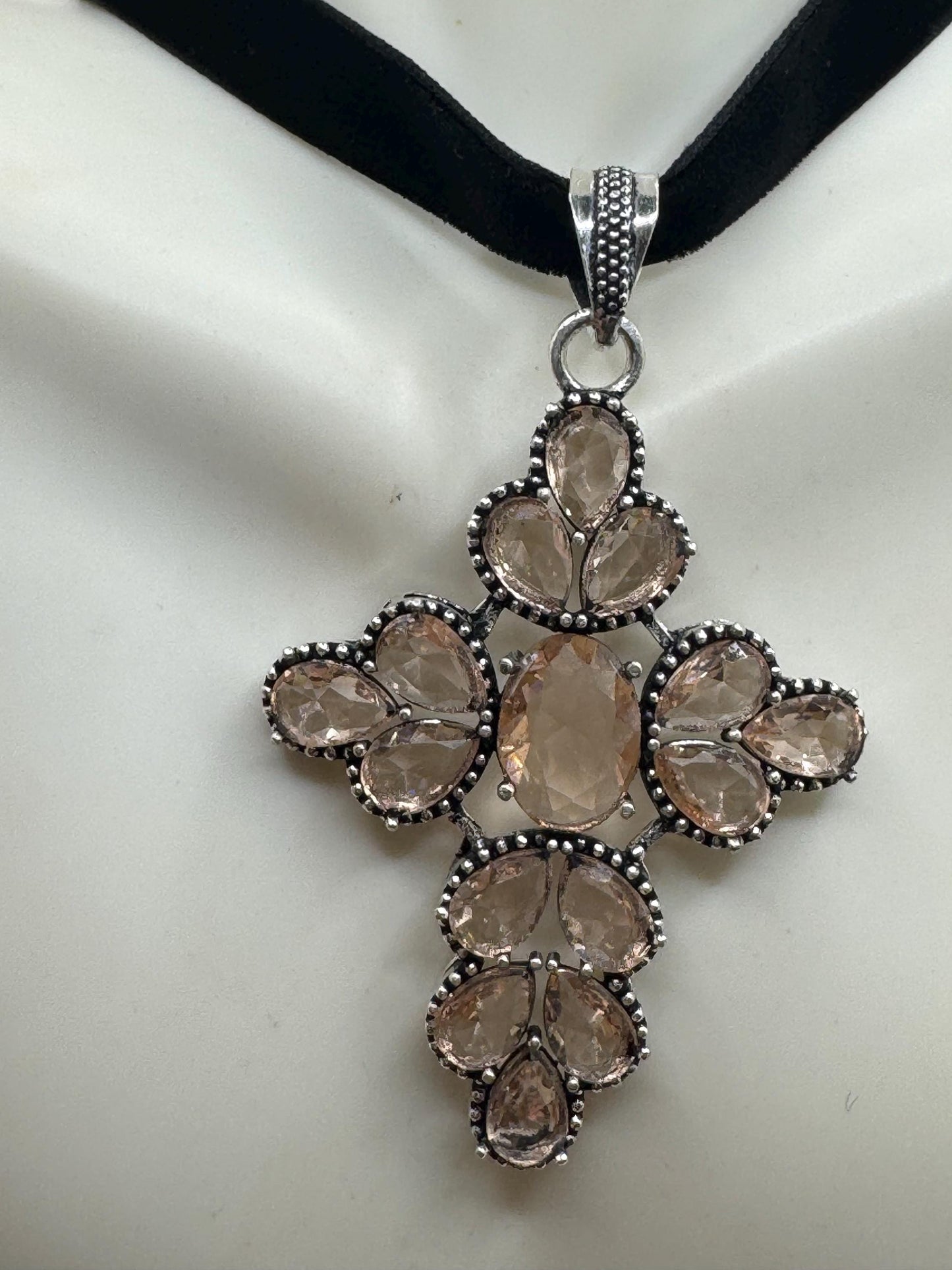 Vintage Antique Pink Boho Cross Choker Necklace Black Velvet Ribbon