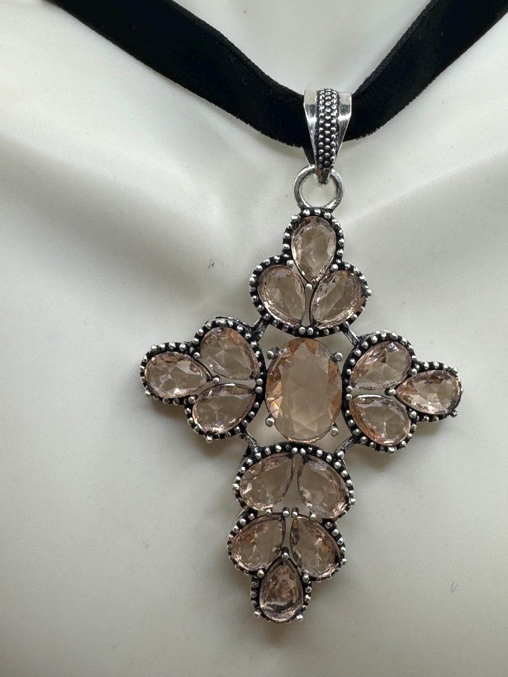 Vintage Antique Pink Boho Cross Choker Necklace Black Velvet Ribbon