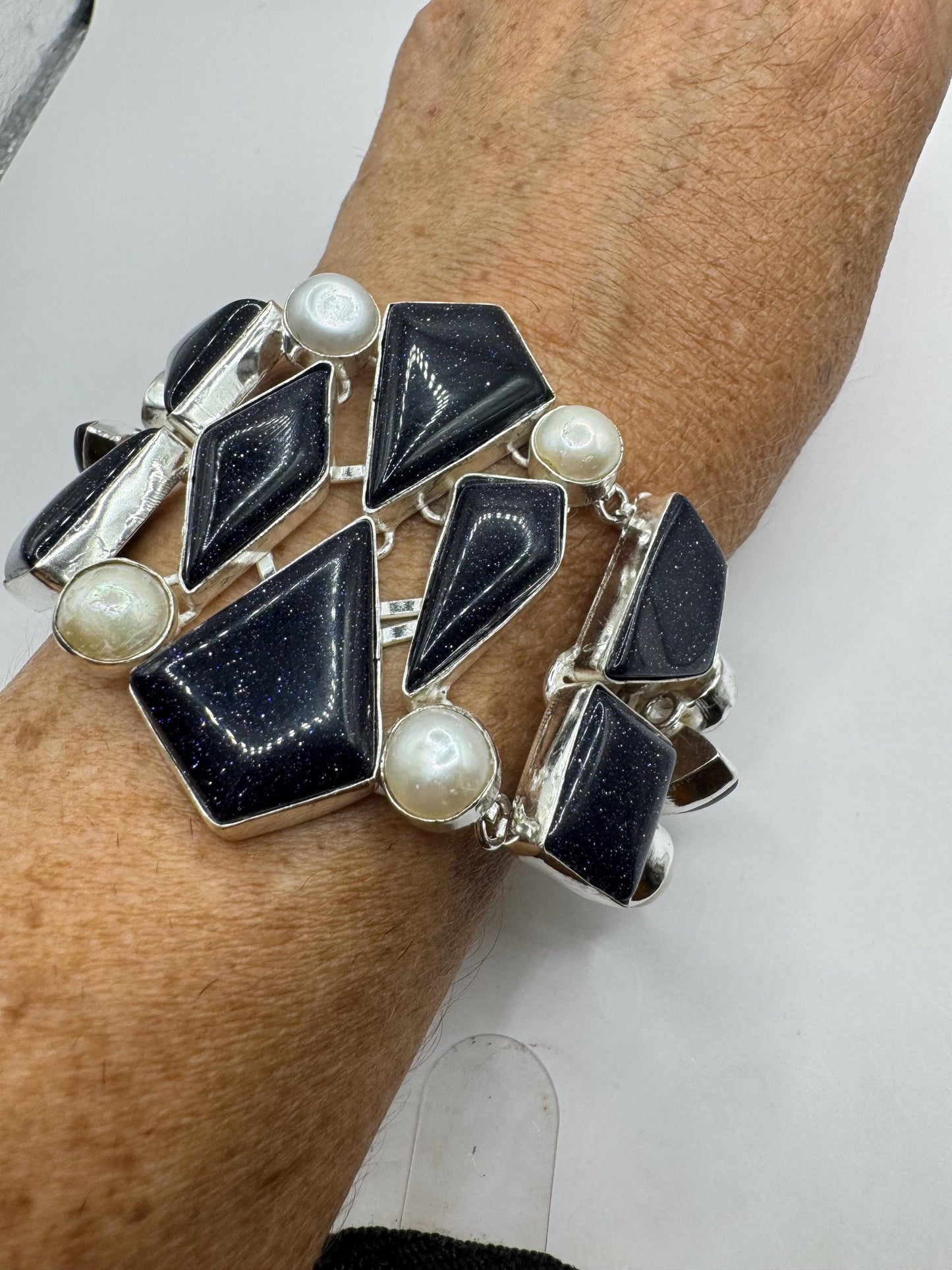 Vintage Black Goldstone Pearl Silver Chunky Boho Bracelet