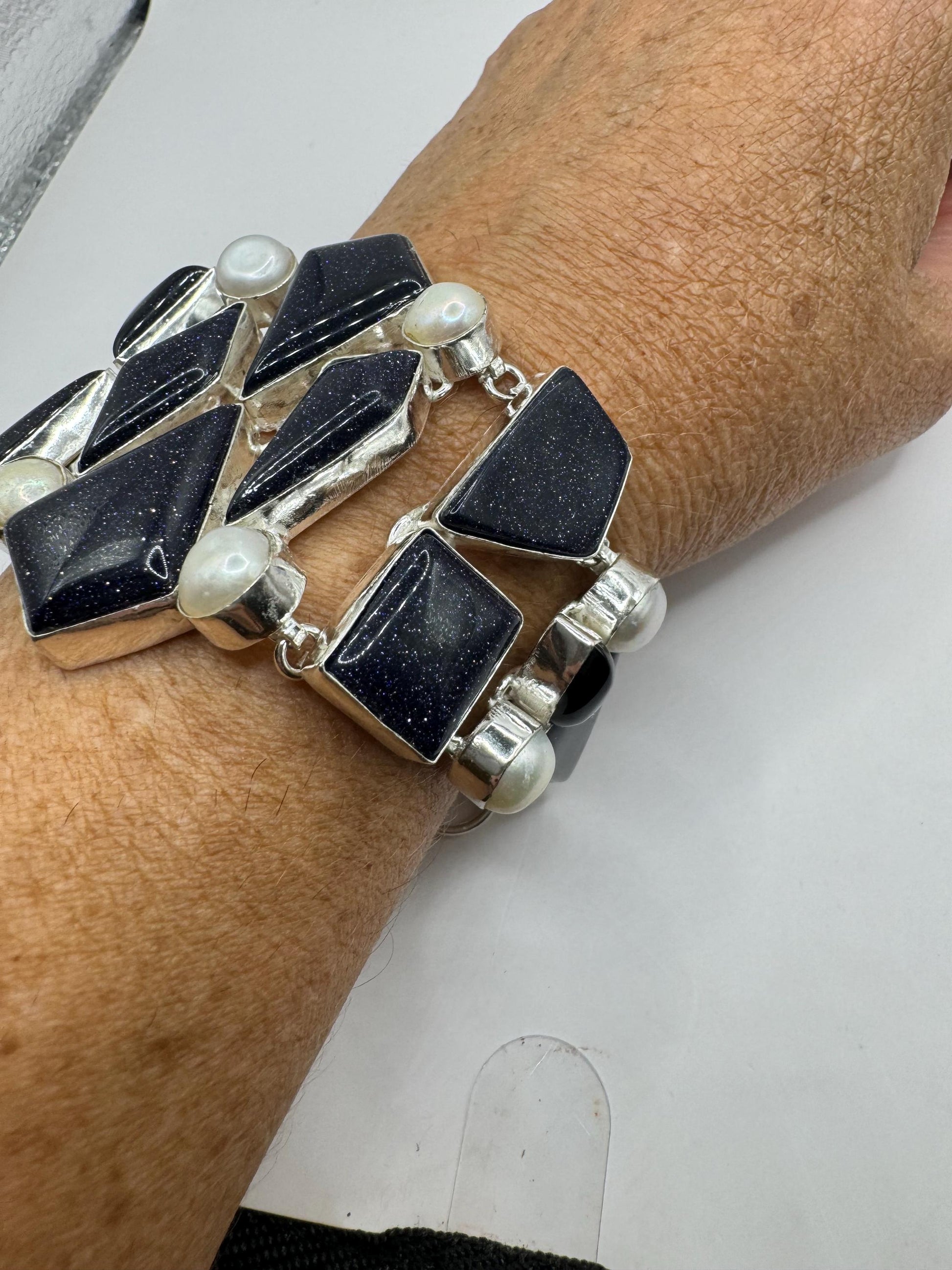 Vintage Black Goldstone Pearl Silver Chunky Boho Bracelet