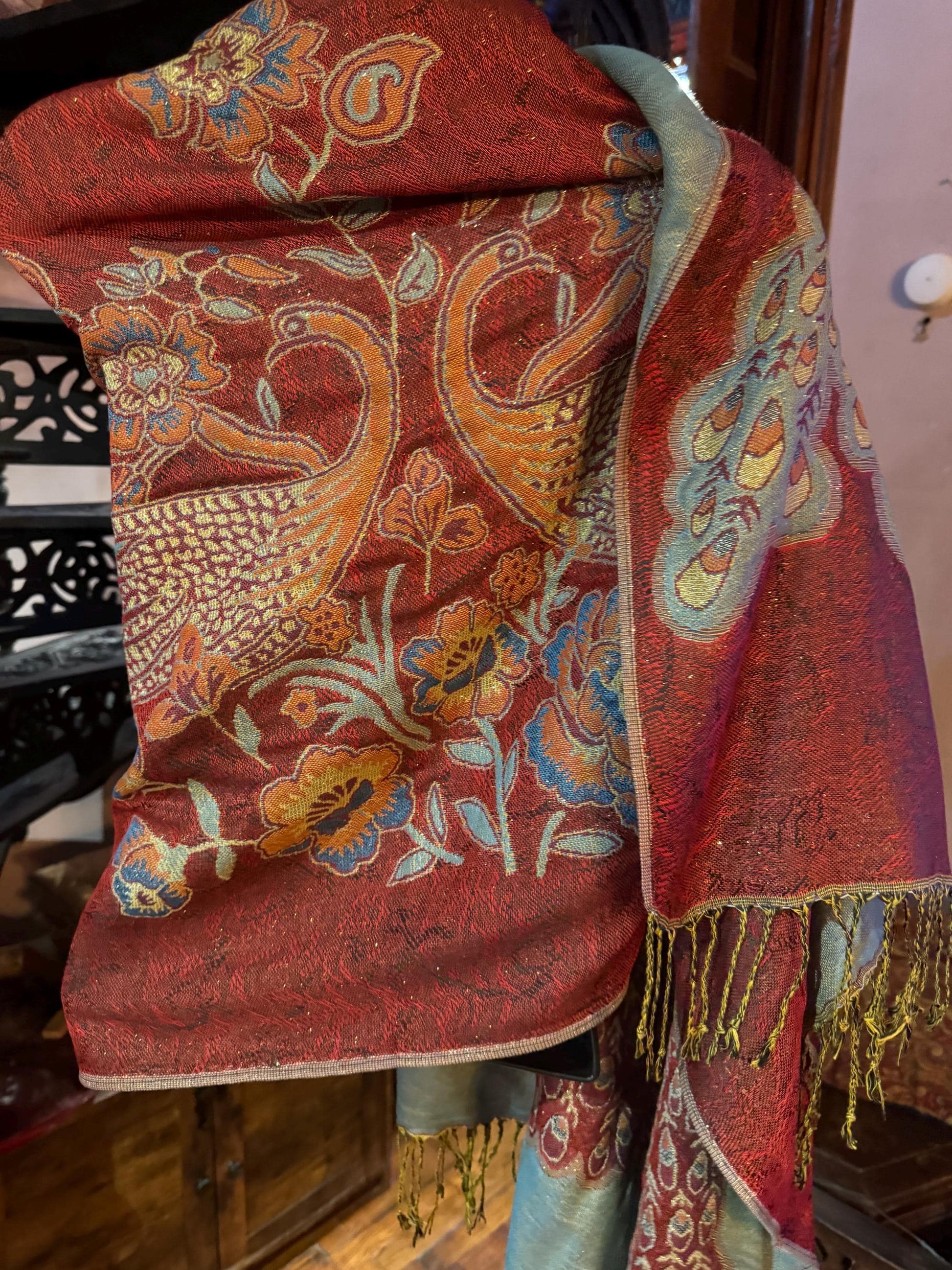 Vintage Red Peacock Feather Brocade Pashmina Scarf Wrap Shawl