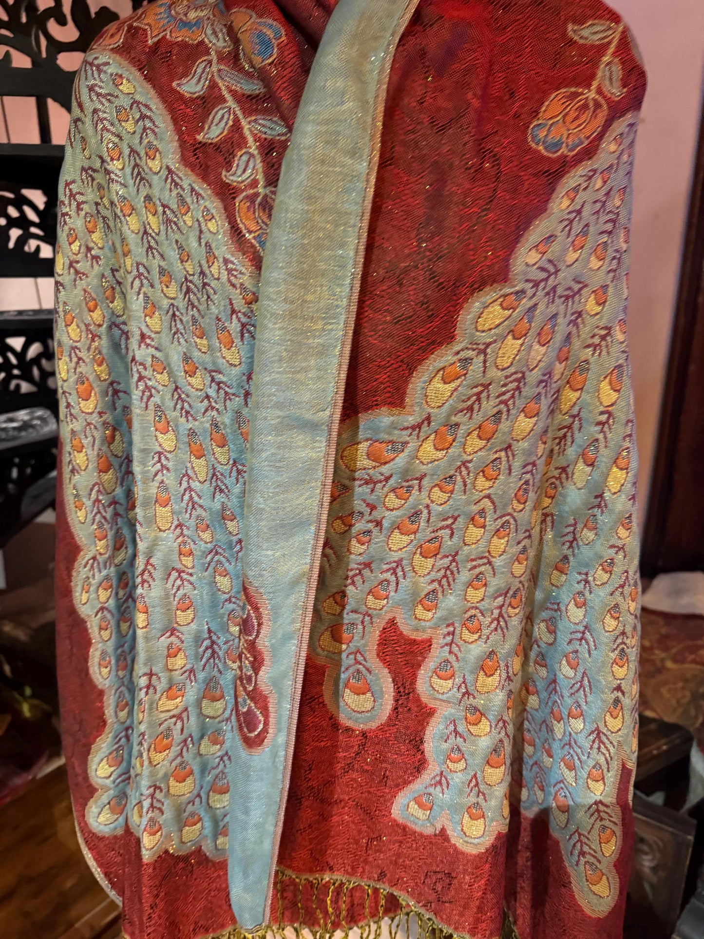 Vintage Red Peacock Feather Brocade Pashmina Scarf Wrap Shawl