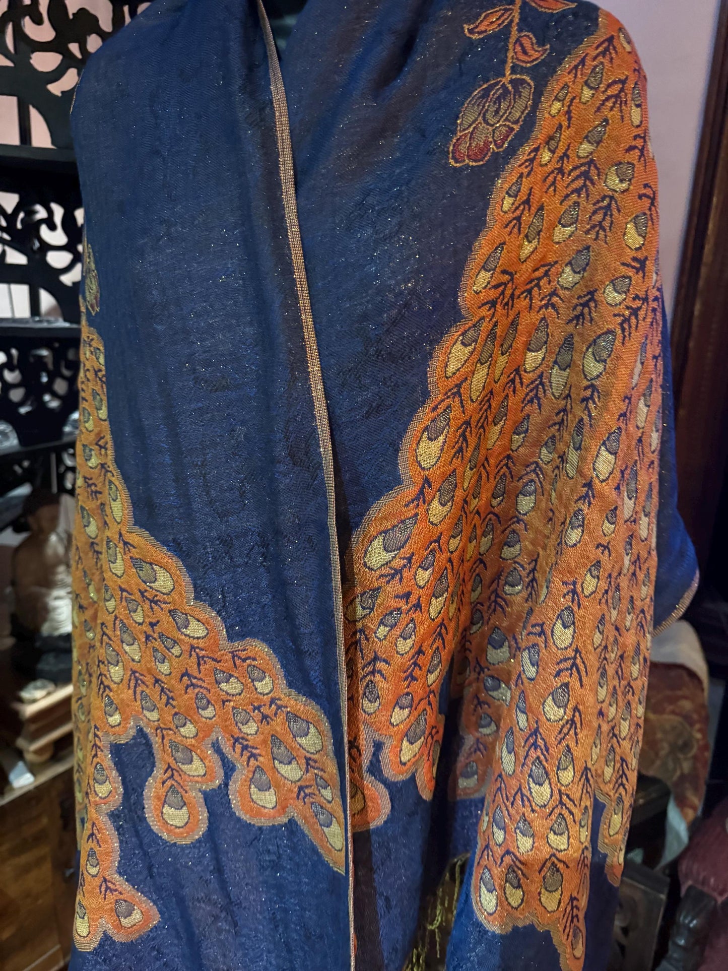 Vintage Blue Peacock Feather Brocade Pashmina Scarf Wrap Shawl