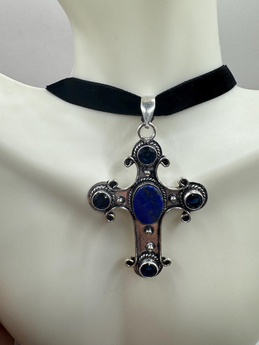 Vintage Lapis Colbolt Blue Glass Cross Black Velvet Choker Necklace