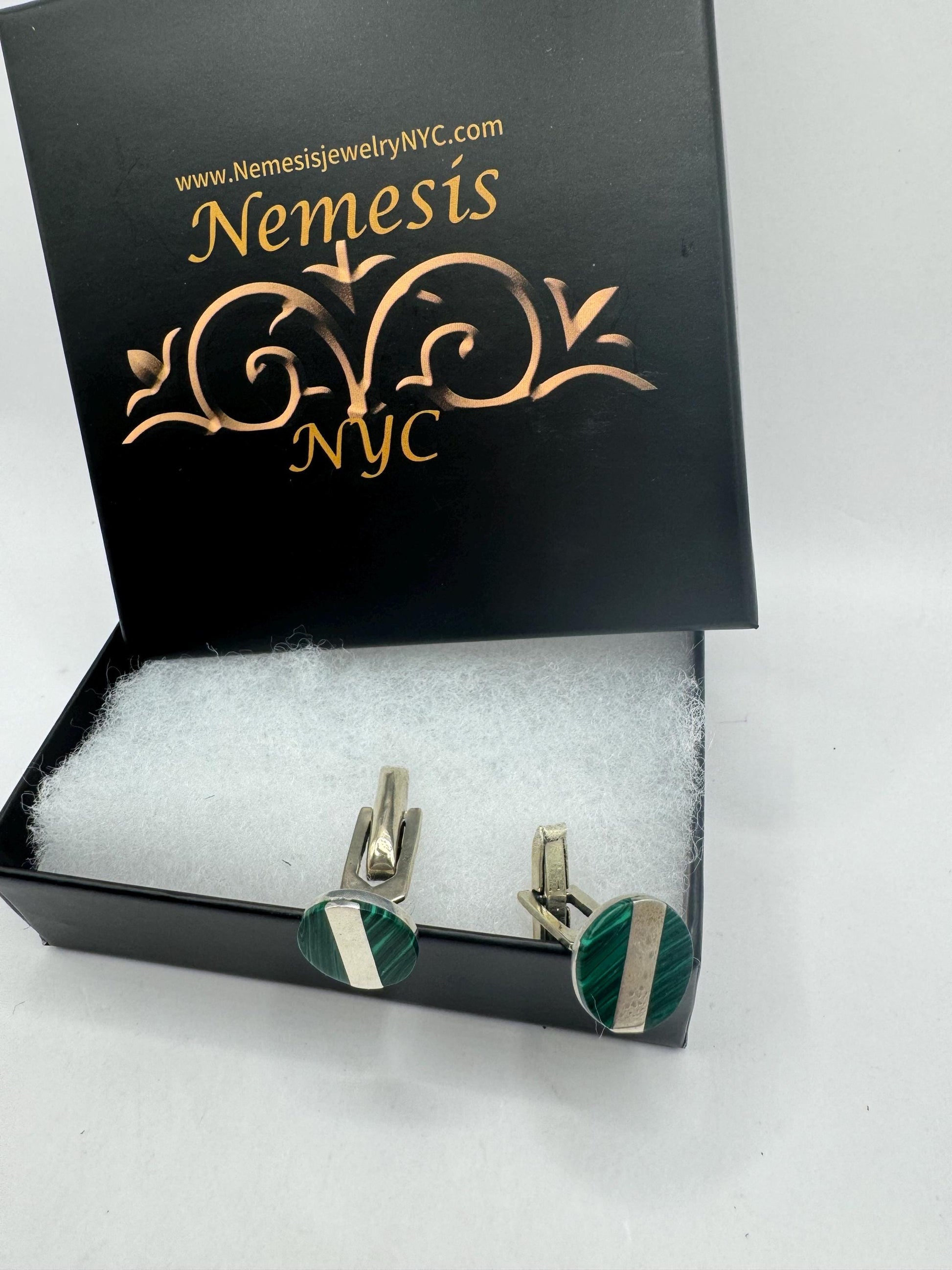 Vintage Green Malachite Cuff Links 925 Sterling Silver