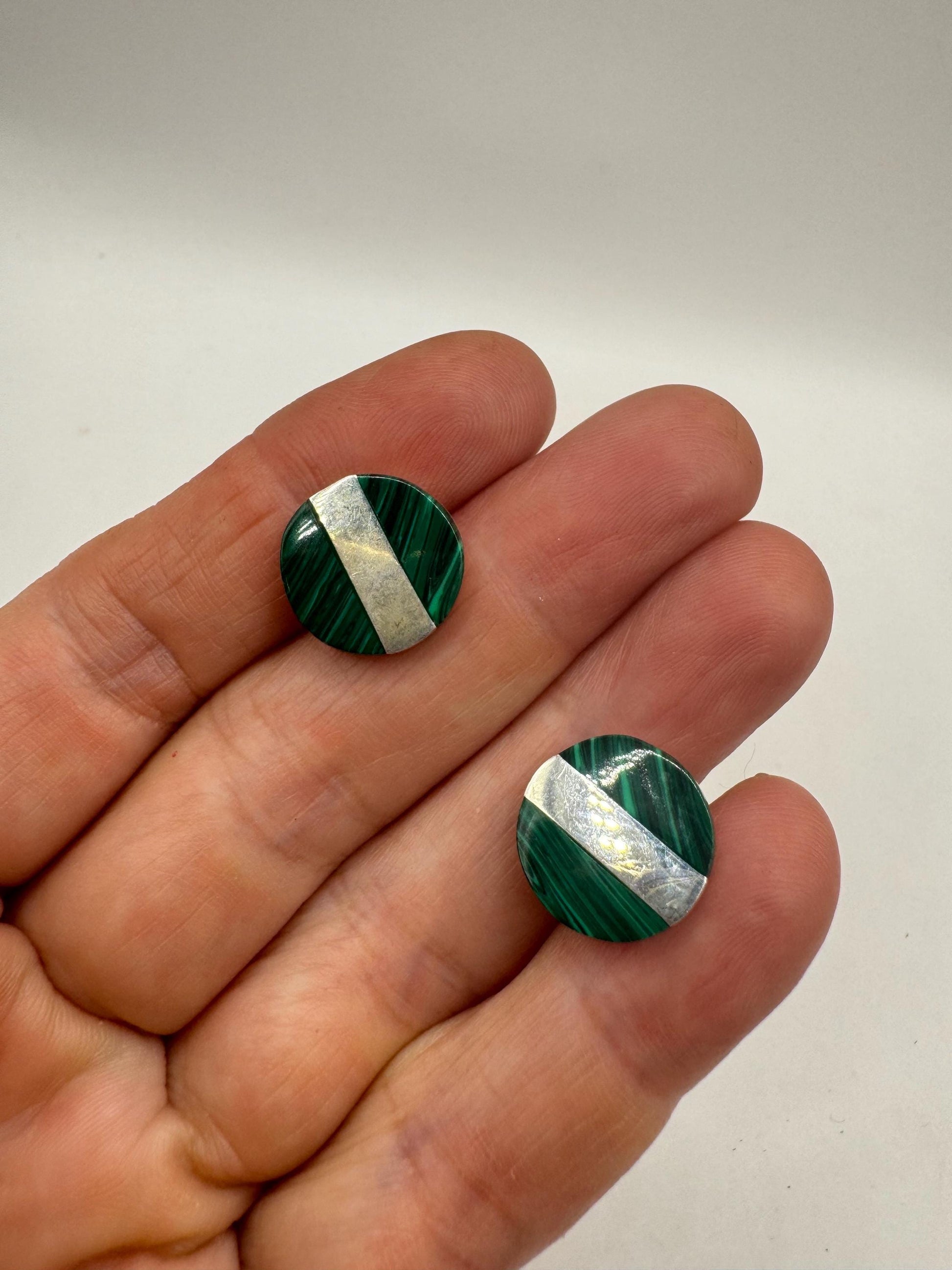 Vintage Green Malachite Cuff Links 925 Sterling Silver