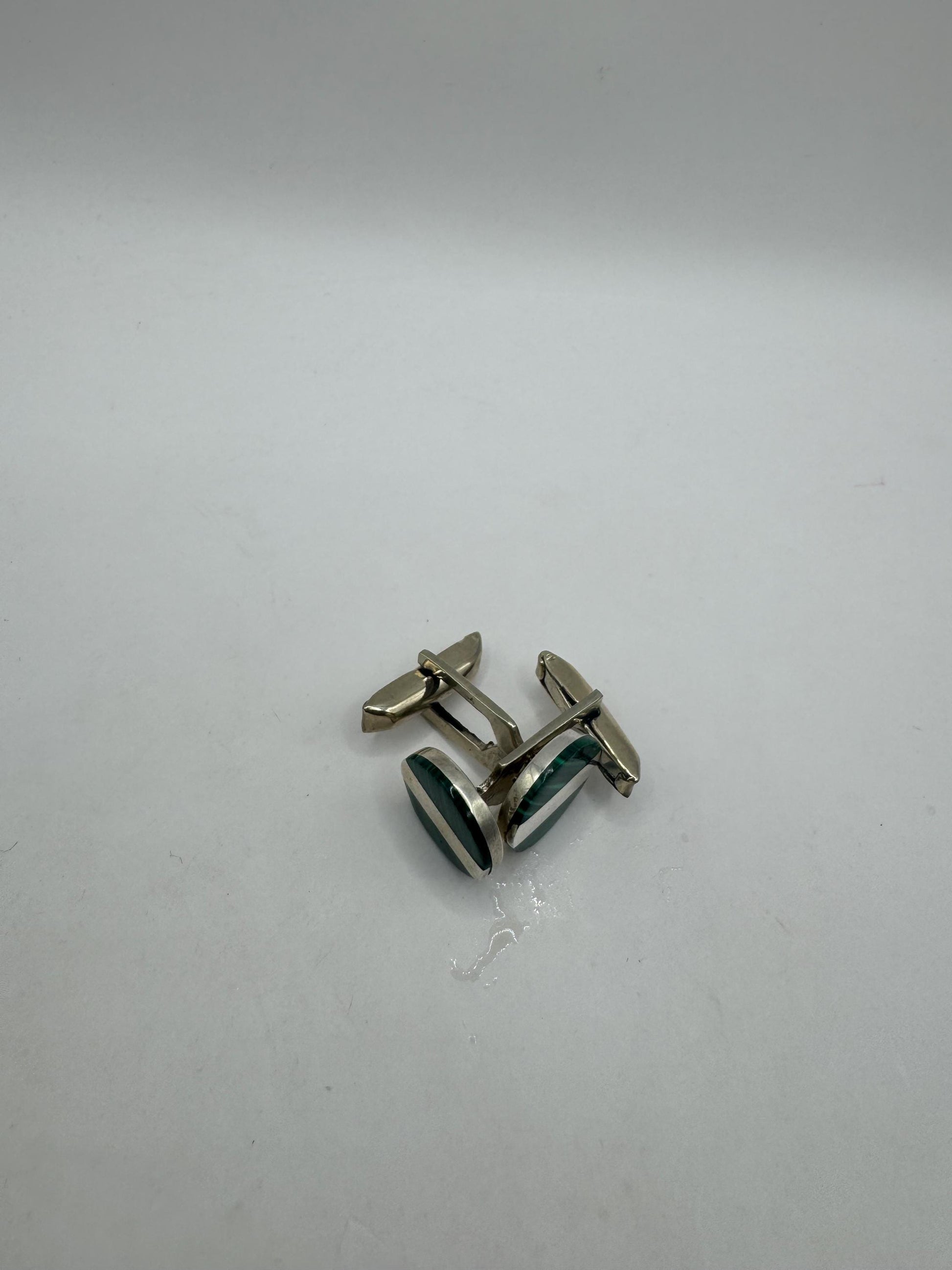 Vintage Green Malachite Cuff Links 925 Sterling Silver