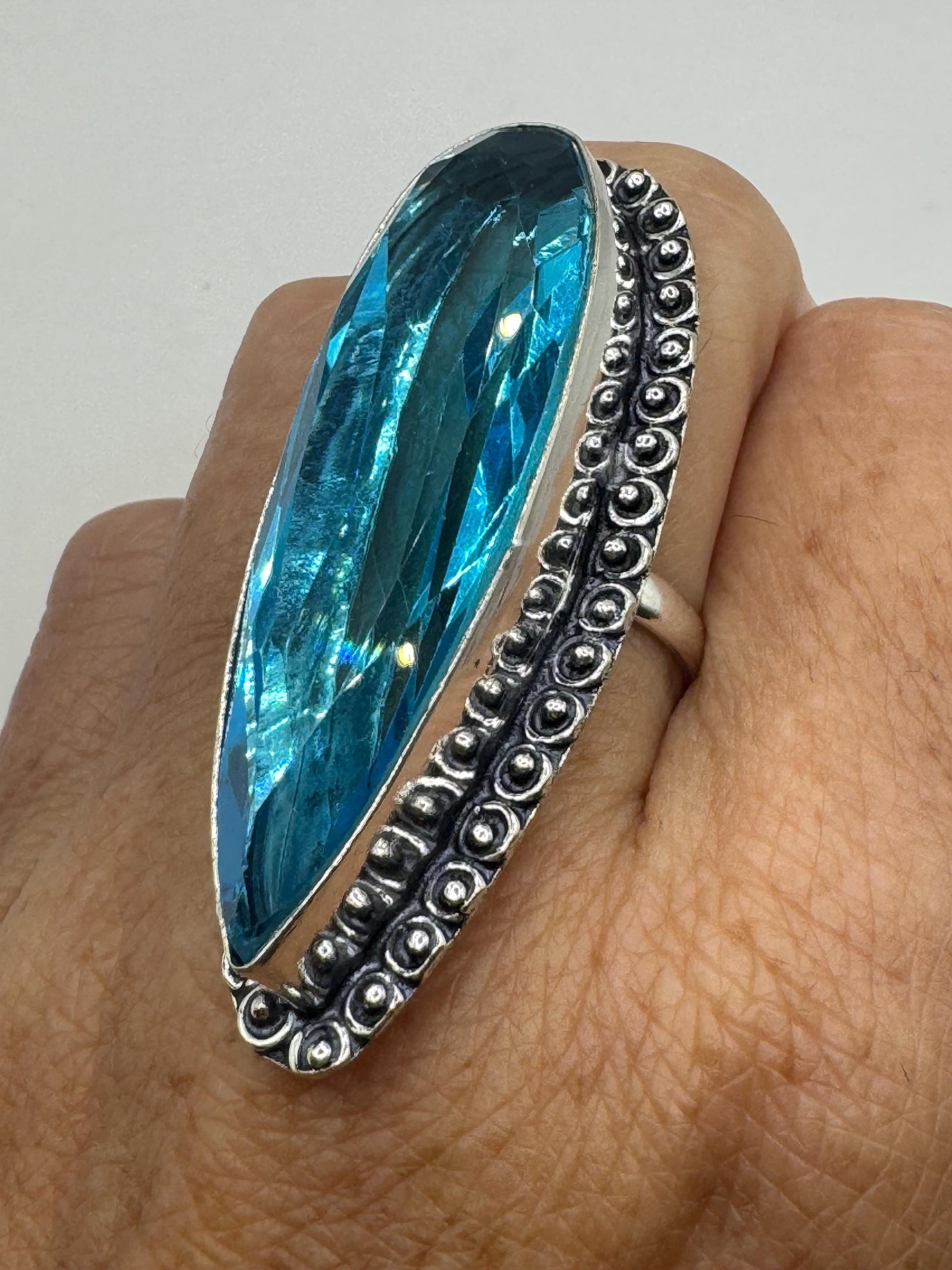 Vintage Aqua Blue Volcanic Art Glass Ring