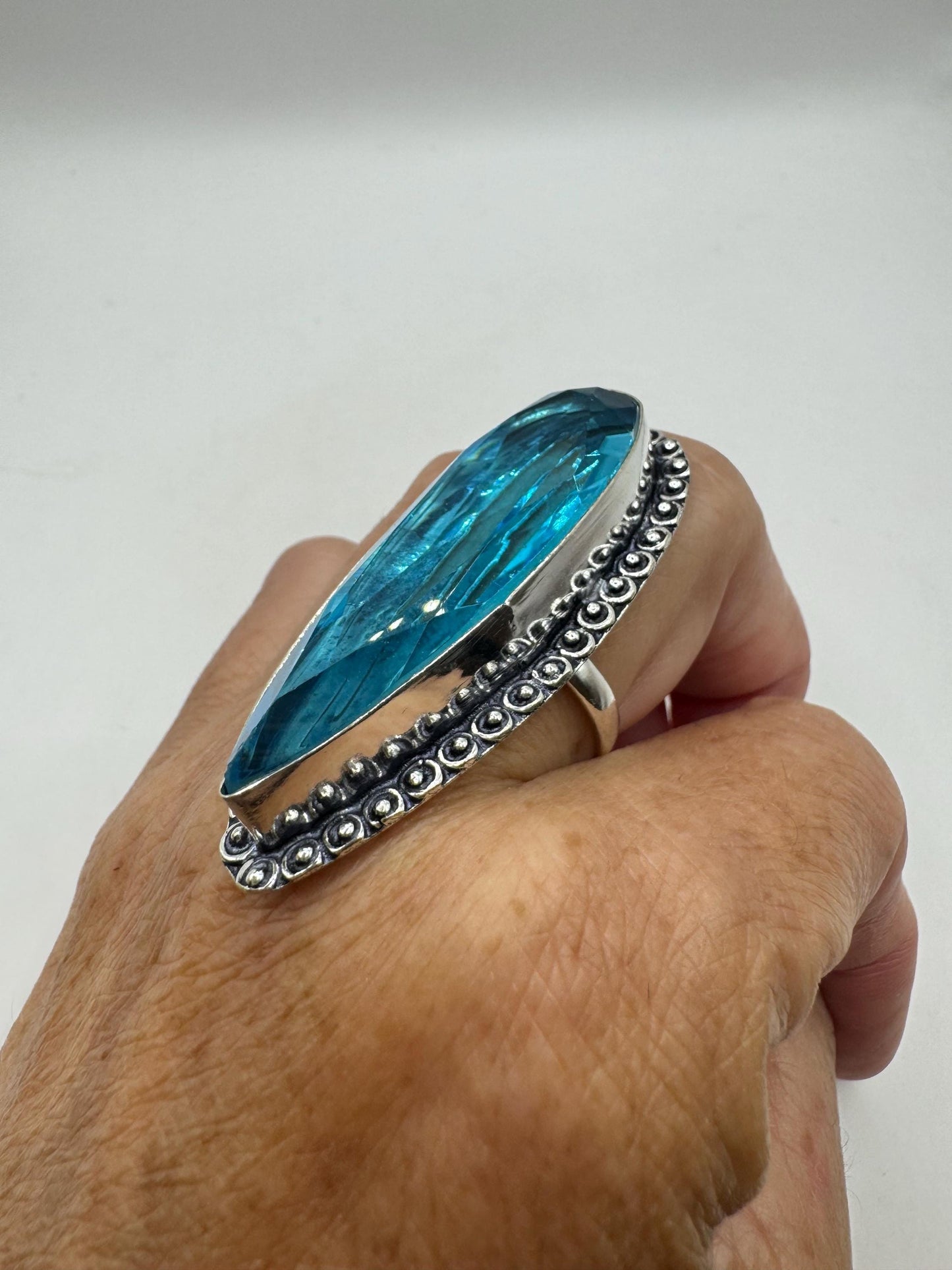 Vintage Aqua Blue Volcanic Art Glass Ring