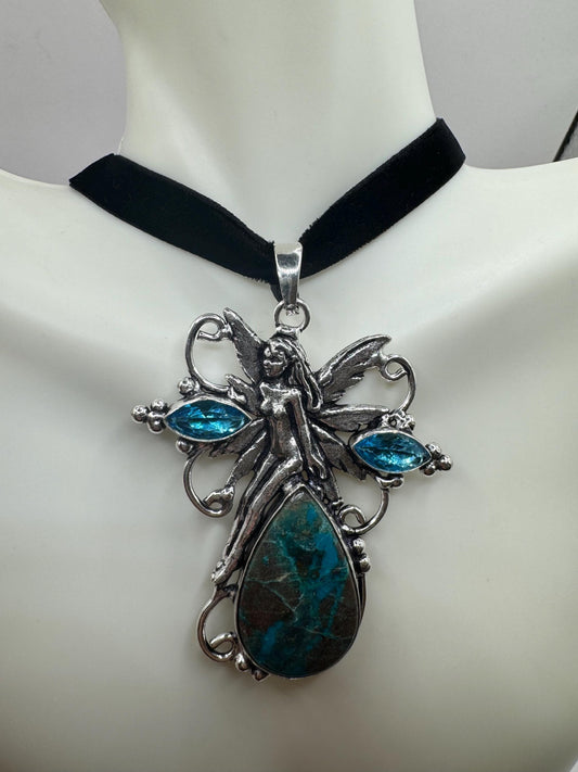 Vintage Sprite fairy Silver Genuine Labradorite Gemstone Necklace choker