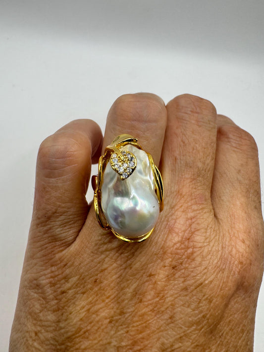 Vintage Biwa Pearl Ring Golden 925 Sterling Silver Cocktail Statement Adjustable