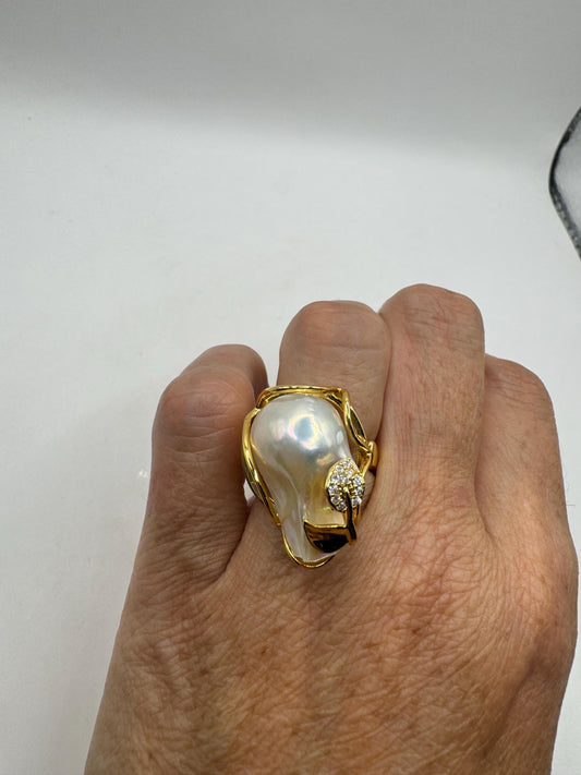 Vintage Biwa Pearl Ring Golden 925 Sterling Silver Cocktail Statement Adjustable