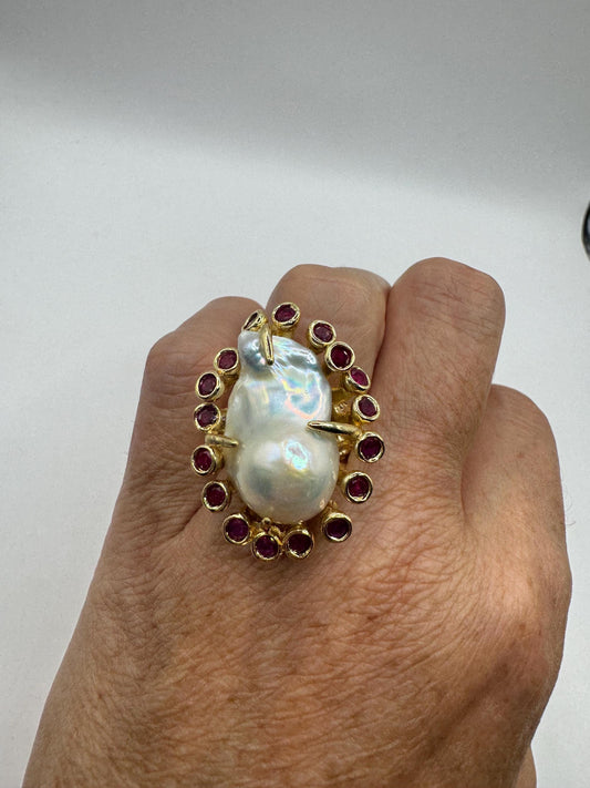 Vintage Biwa Pearl Ring Golden 925 Sterling Silver Cocktail Statement Adjustable