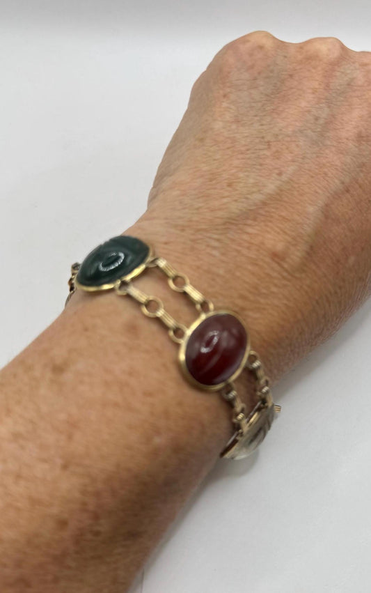 Vintage Scarab Bracelet Gold filled Carved Gemstones
