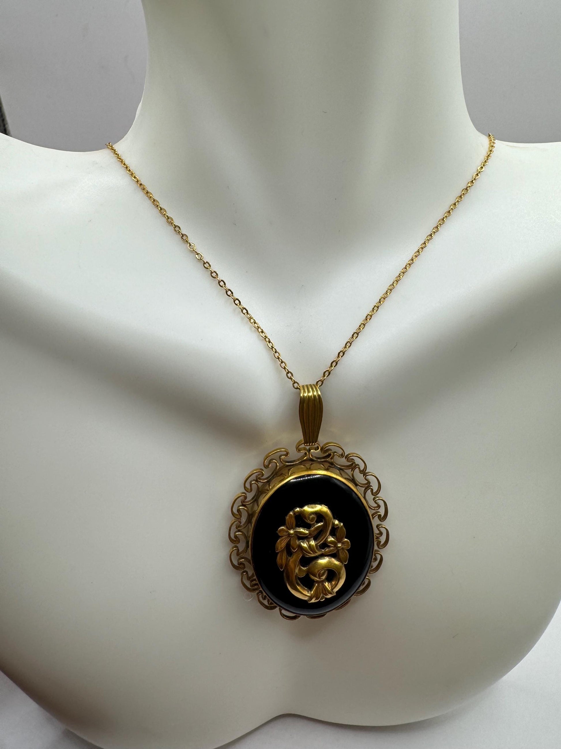 Vintage Black Enamel Locket Choker Gold Filled Necklace