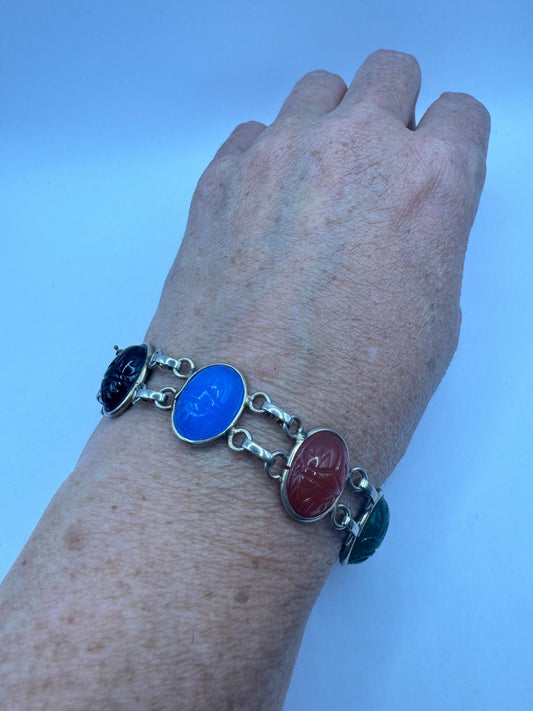 Vintage Scarab Bracelet Gold filled Carved Gemstones