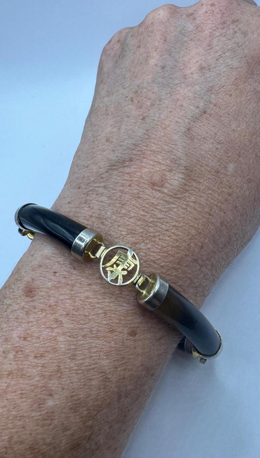 Vintage Tigers Eye gold 925 Sterling Silver Chinese calligraphy Filligree Bracelet