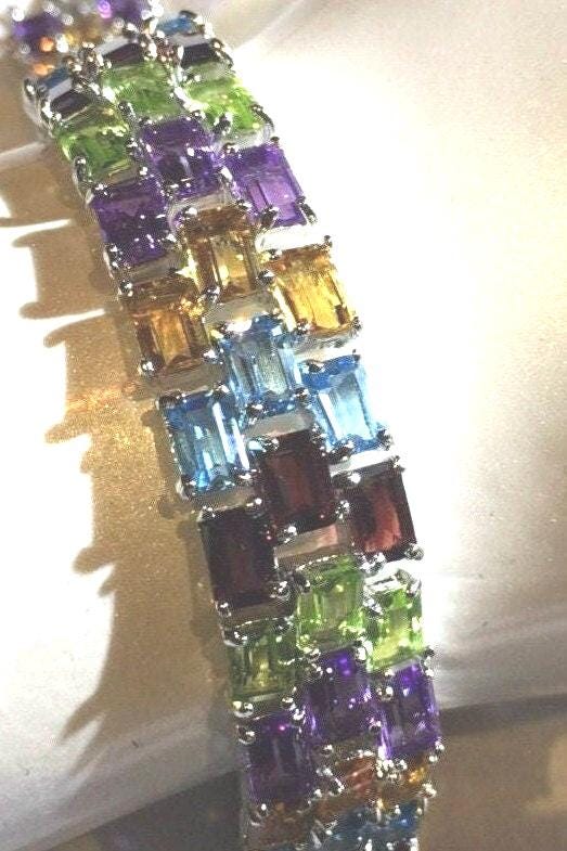 Vintage Garnet Amethyst Citrine Blue Topaz Peridot in 925 Sterling Silver Tennis Bracelet