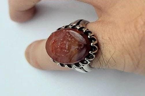 Vintage Carnelian Mens Ring in 925 Sterling Silver Persian Styled Genuine Carnelian Cameo Carving of Jesus Christ