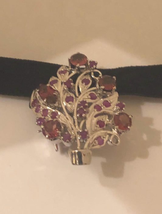 Vintage Handmade Genuine Rhodolite Garnet and Ruby 925 Sterling Silver Rhodium Brooch Pendant