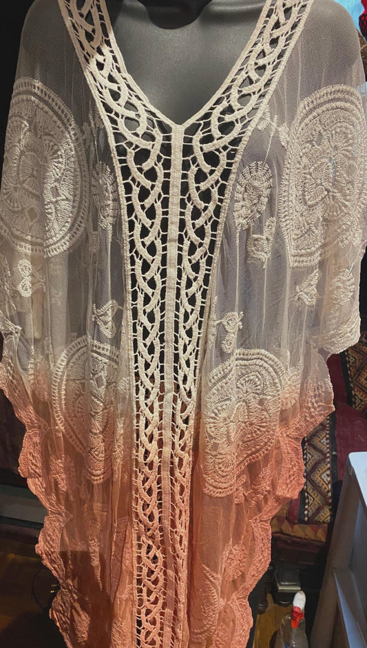 Vintage Style peach ivory Embroidered kimono Poncho