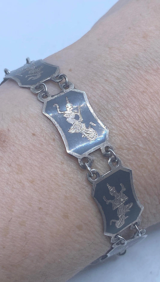 Vintage Siam 925 Sterling Silver Bracelet Dancing Goddess