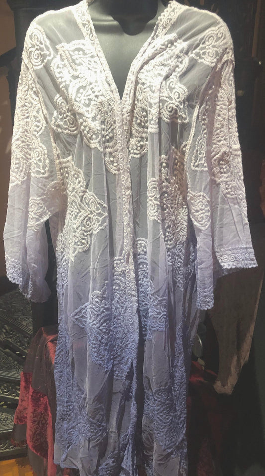 Lace Kimono Jacket Vintage Style Blue Tie Dye Embroidered wrap