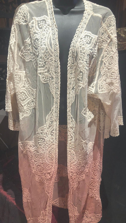 Lace Kimono Jacket Vintage Style Pink Tie Dye Embroidered wrap