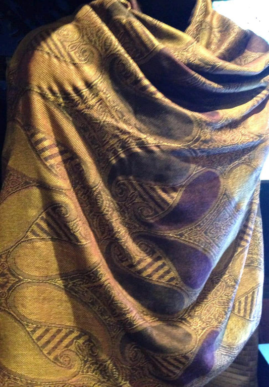 Vintage Brown Amber Brocade Paisly Pashmina Scarf Wrap