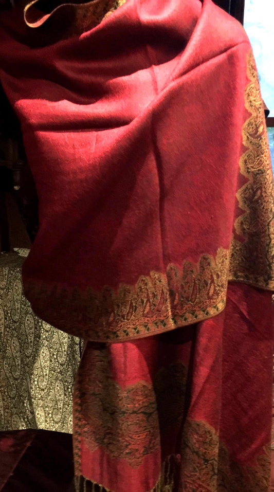 Vintage Burgundy Red Reversible Paisley Brocade Pashmina Scarf Wrap