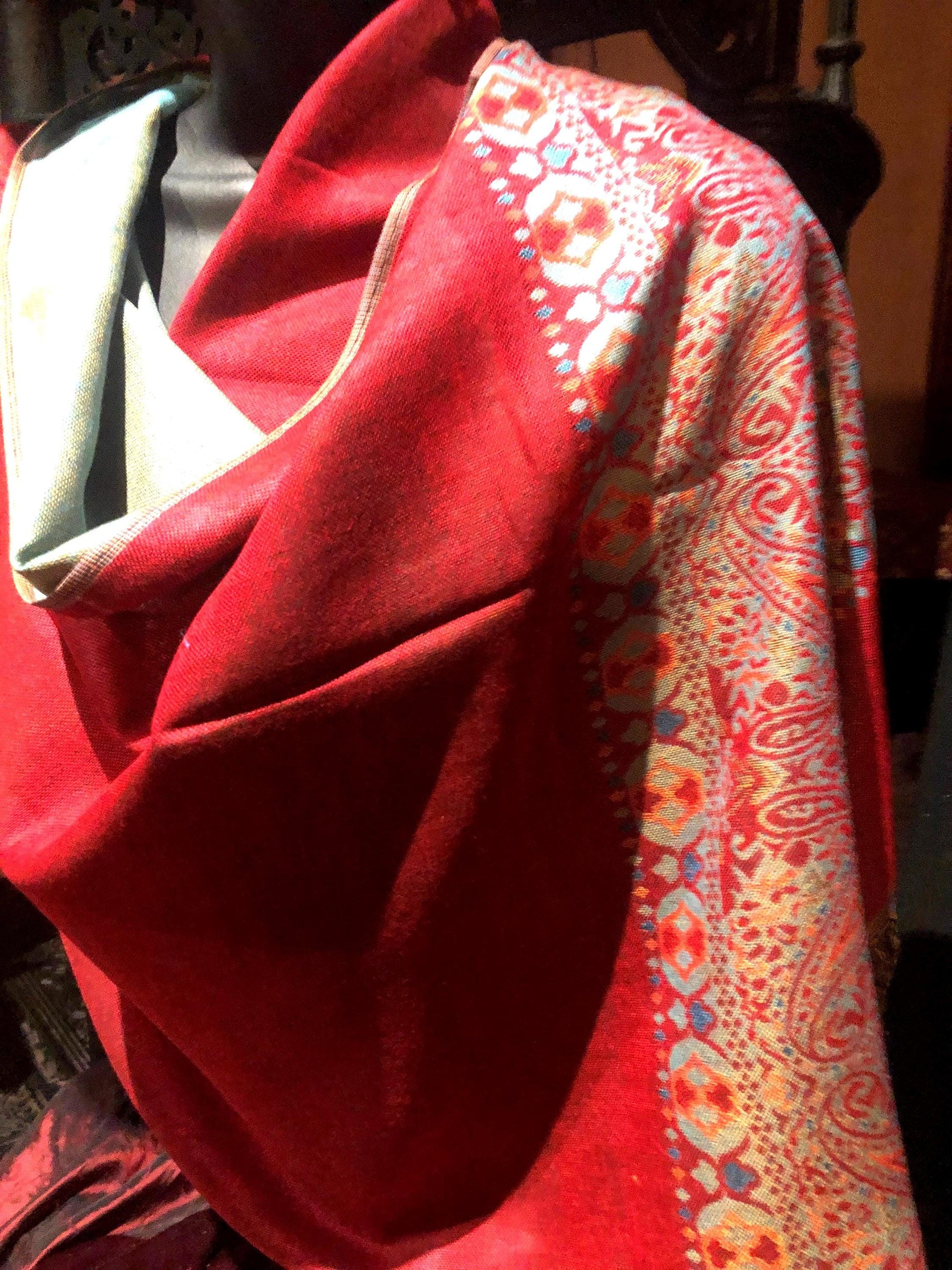 Vintage Red Blue Paisley Brocade Pashmina Scarf Wrap Shawl