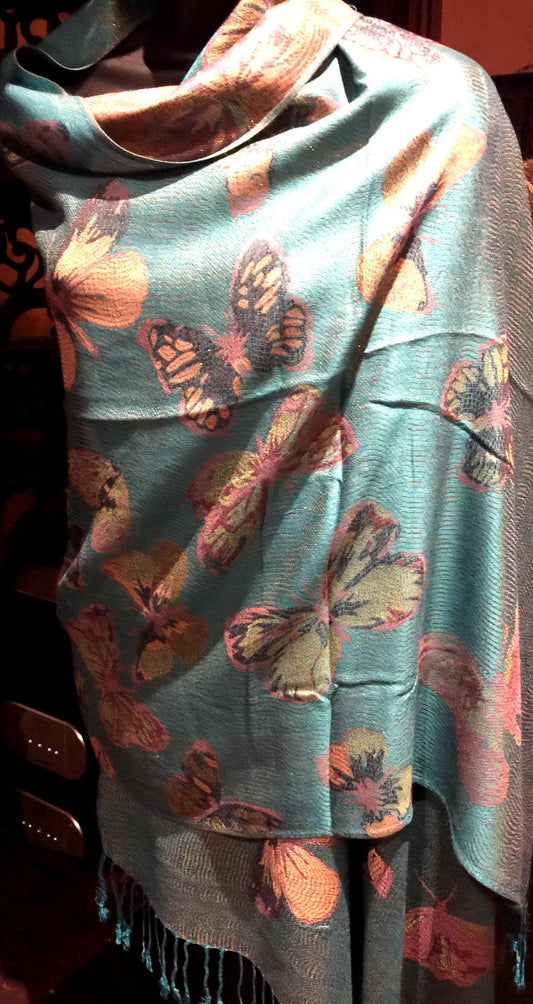 Nemesis Vintage Teal Gold Butterfly Brocade Pashmina Scarf Wrap