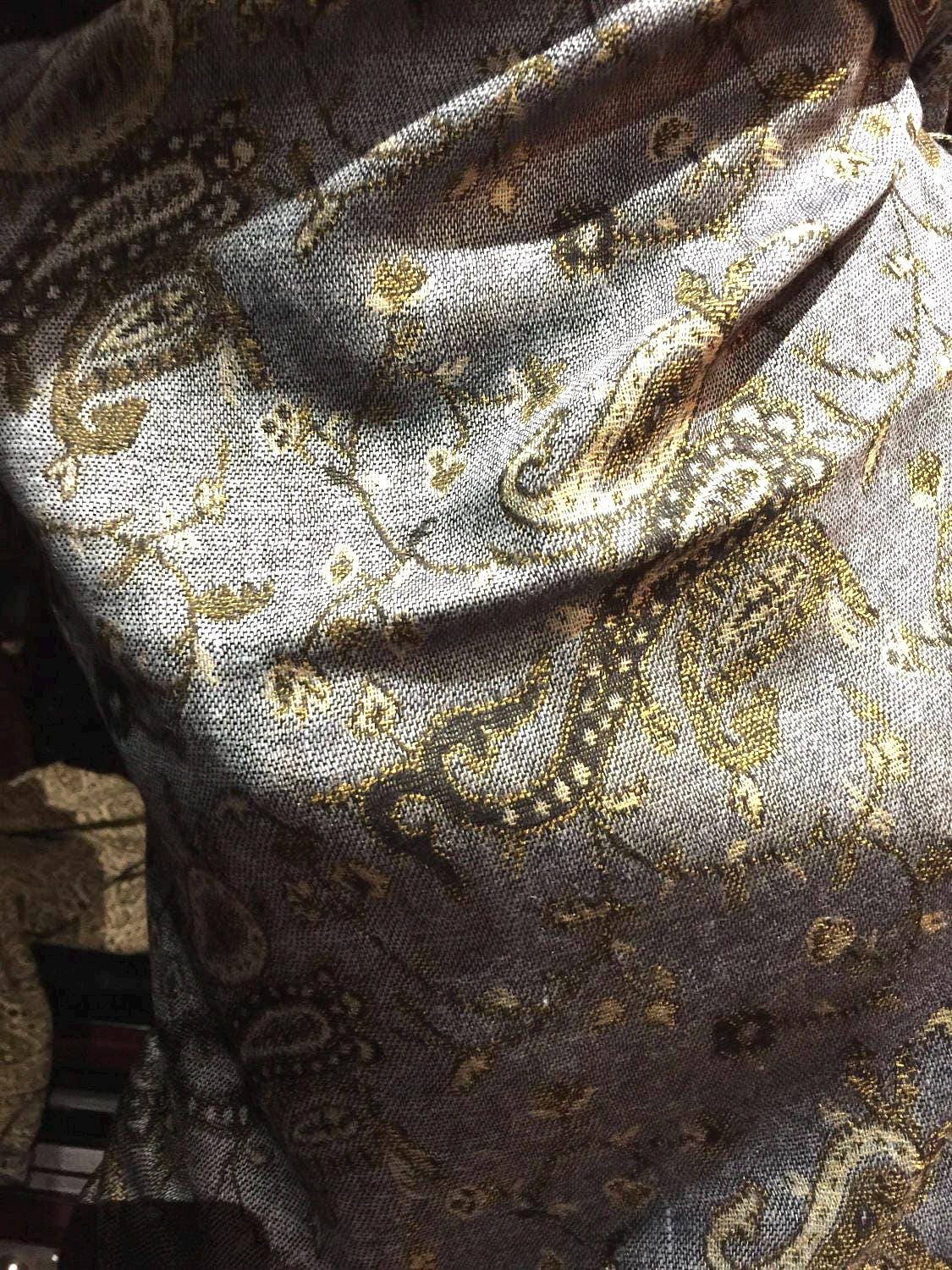 Vintage Gray Beige Paisley Brocade Pashmina Scarf Wrap