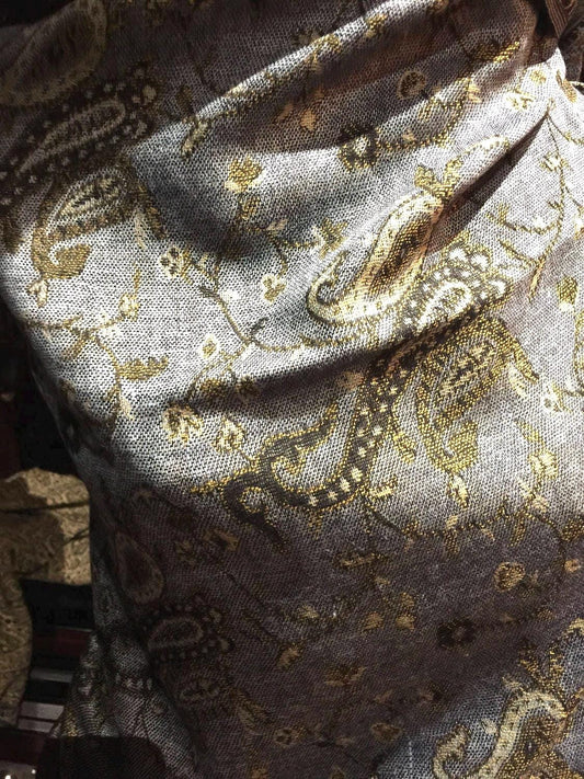 Vintage Gray Beige Paisley Brocade Pashmina Scarf Wrap