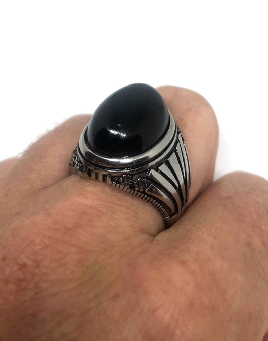 Vintage Gothic Black Onyx Egyptian Stainless Steel Mens Ring