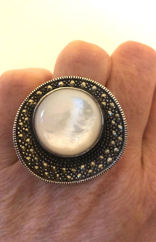 Vintage Marcasite Ring Mother of Pearl 925 Sterling Silver Cocktail Statement