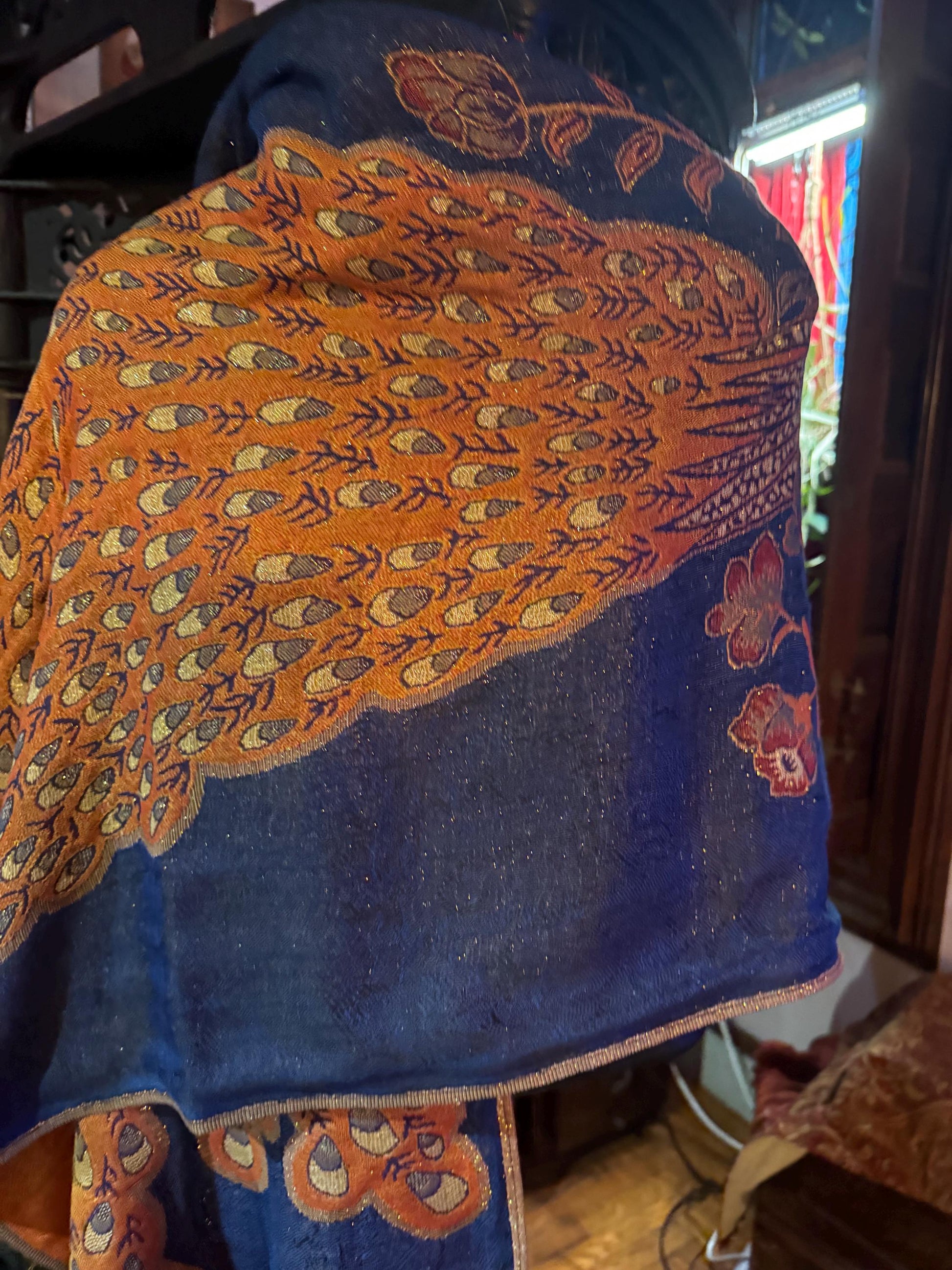 Vintage Blue Peacock Feather Brocade Pashmina Scarf Wrap Shawl