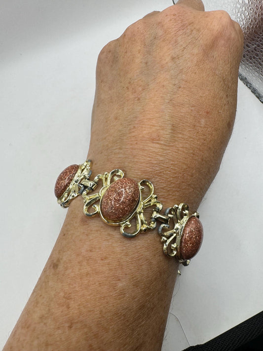 Vintage goldstone Glass Silver Statement Chain Bracelet