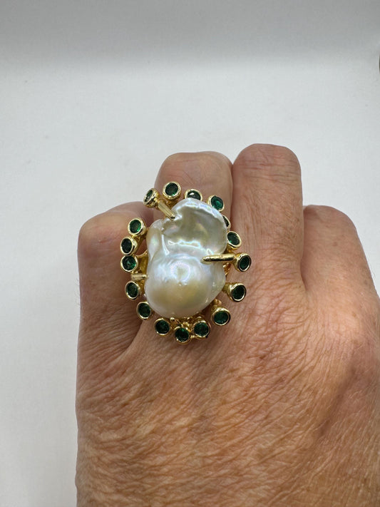 Vintage Biwa Pearl Ring Golden 925 Sterling Silver Cocktail Statement Adjustable
