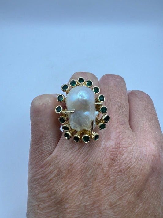 Vintage Biwa Pearl Ring Golden 925 Sterling Silver Cocktail Statement Adjustable