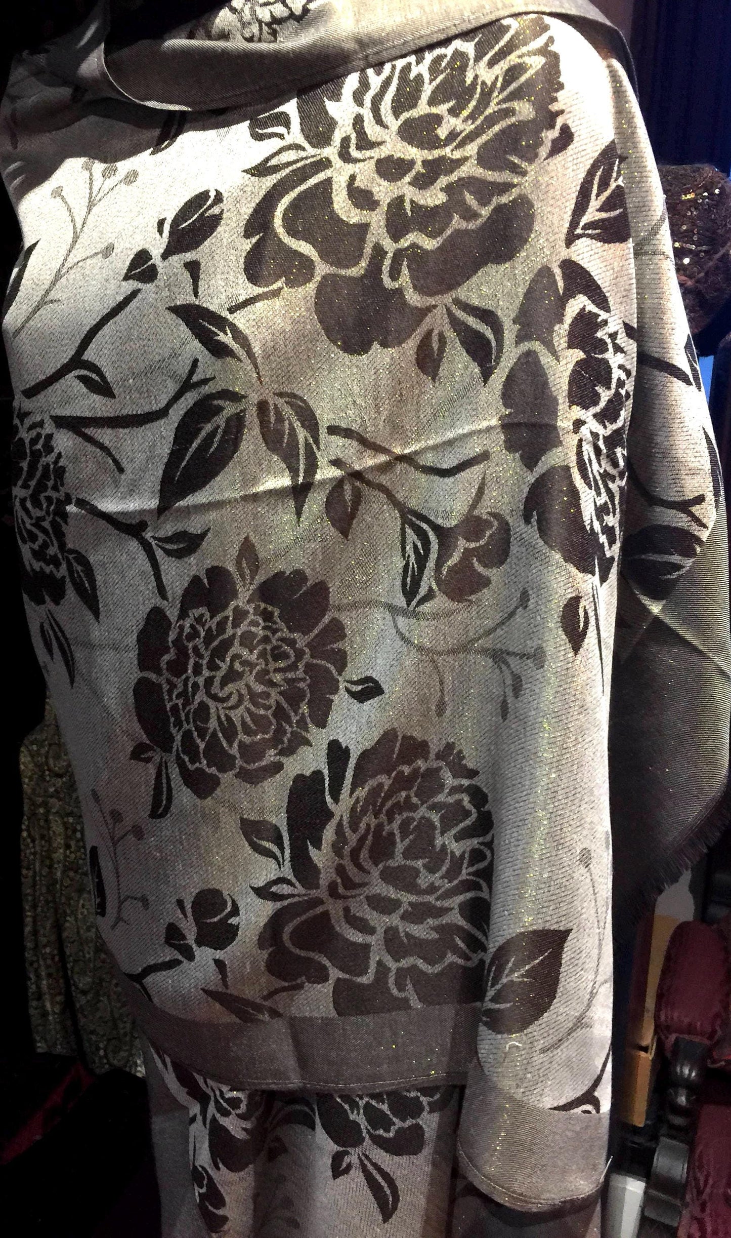 Vintage Brown Gold Flower Brocade Pashmina Scarf Wrap