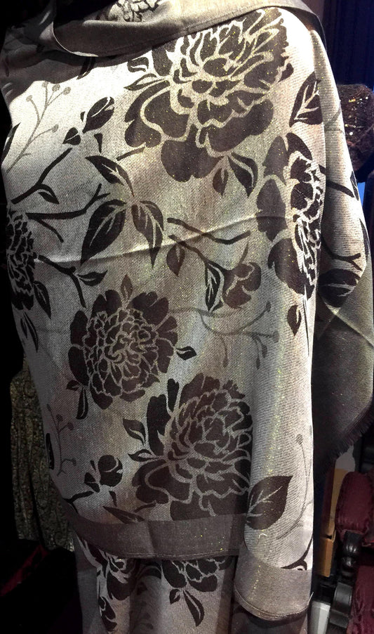 Vintage Brown Gold Flower Brocade Pashmina Scarf Wrap