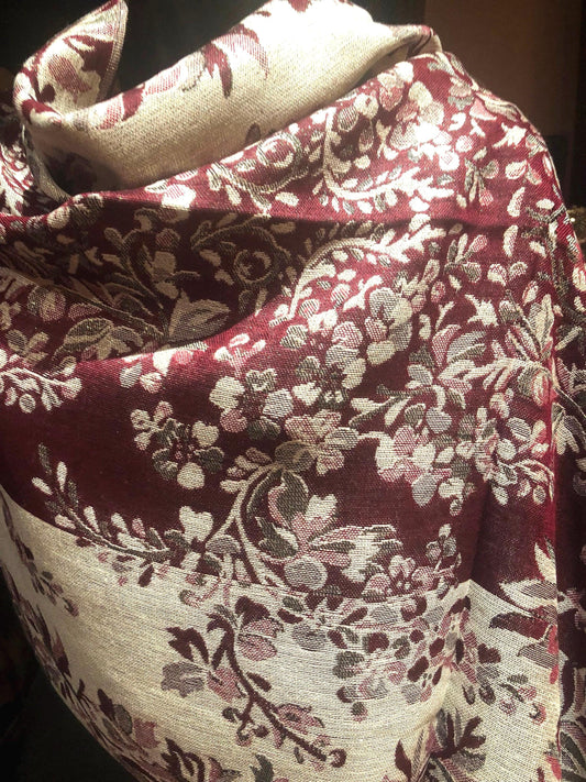 Nemesis Vintage Red White Silver Flower Brocade Pashmina Scarf Wrap