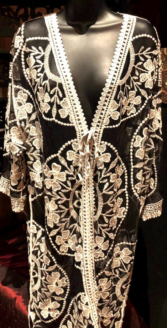 Vintage Style Black ivory Embroidered kimono jacket