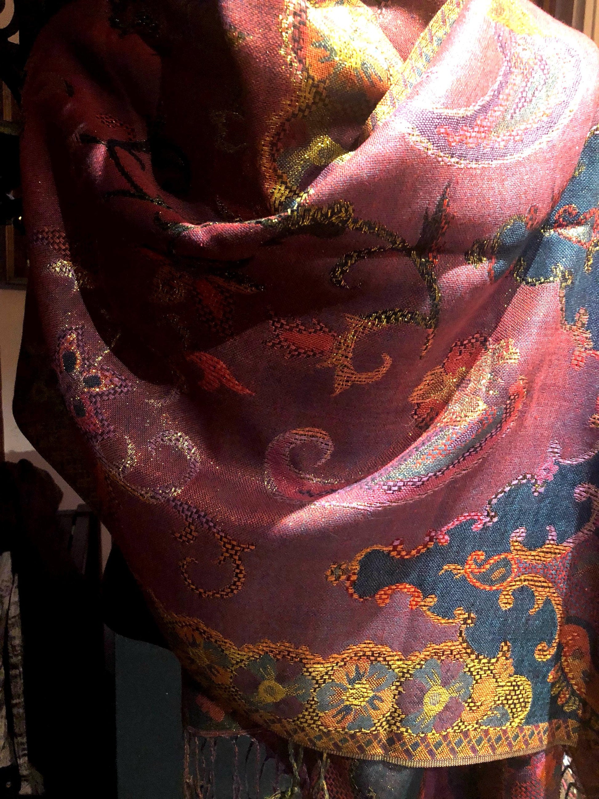 Golden Vintage Navy Blue Red Purple Gold Metallic Paisley Brocade Pashmina Scarf Wrap