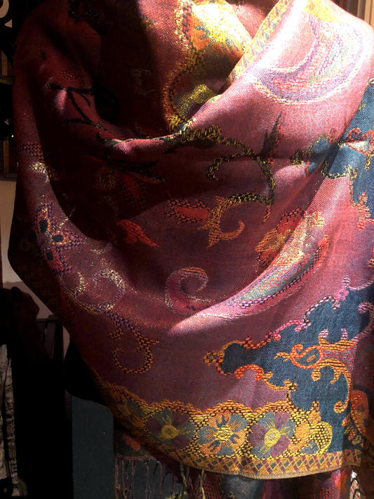 Golden Vintage Navy Blue Red Purple Gold Metallic Paisley Brocade Pashmina Scarf Wrap