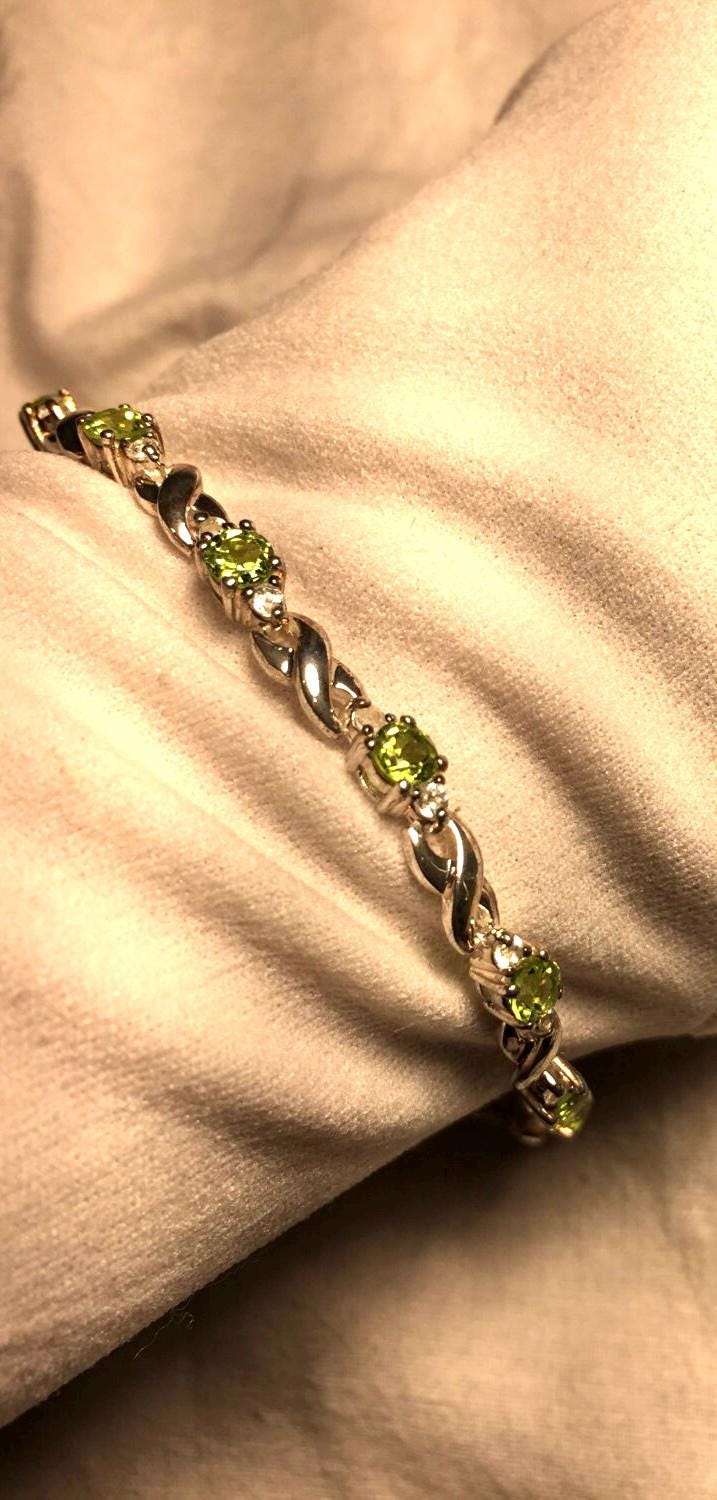 Vintage Handmade Genuine Peridot White Sapphire 925 Sterling Silver Tennis Bracelet