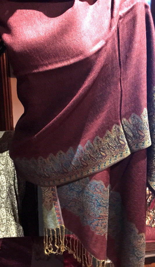 Vintage Burgundy Turquoise Paisley Brocade Pashmina Scarf Wrap