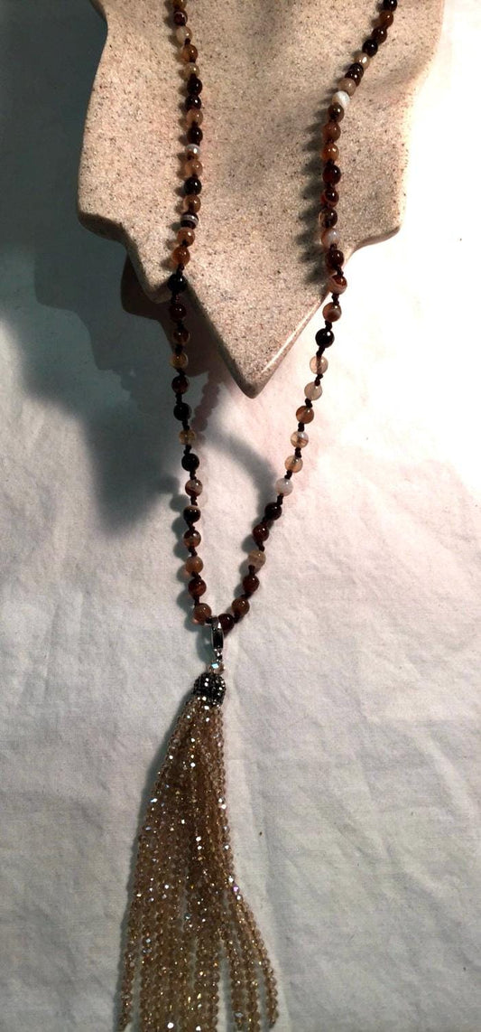 Handmade Brown Striped Onyx and Crystal Tassel Necklace